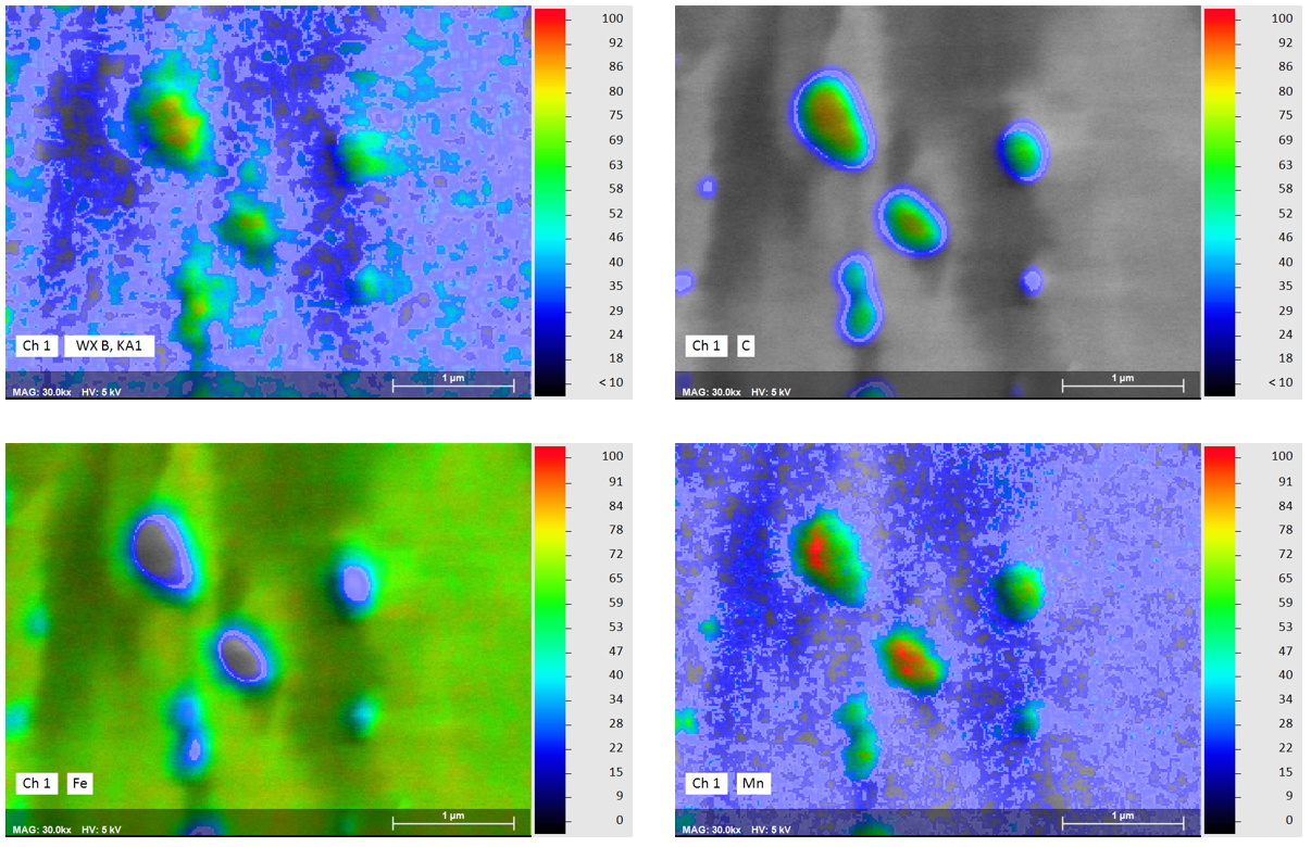 X-ray intensity maps showing signals collected for carbon (located in cementite minor phase), boron and manganese (significantly more concentrated in cementite phase) and iron (located in steel matrix major phase).