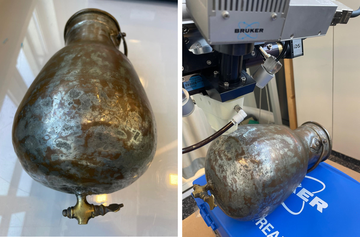 Optical image of a metallic cauldron ready for micro-XRF analysis