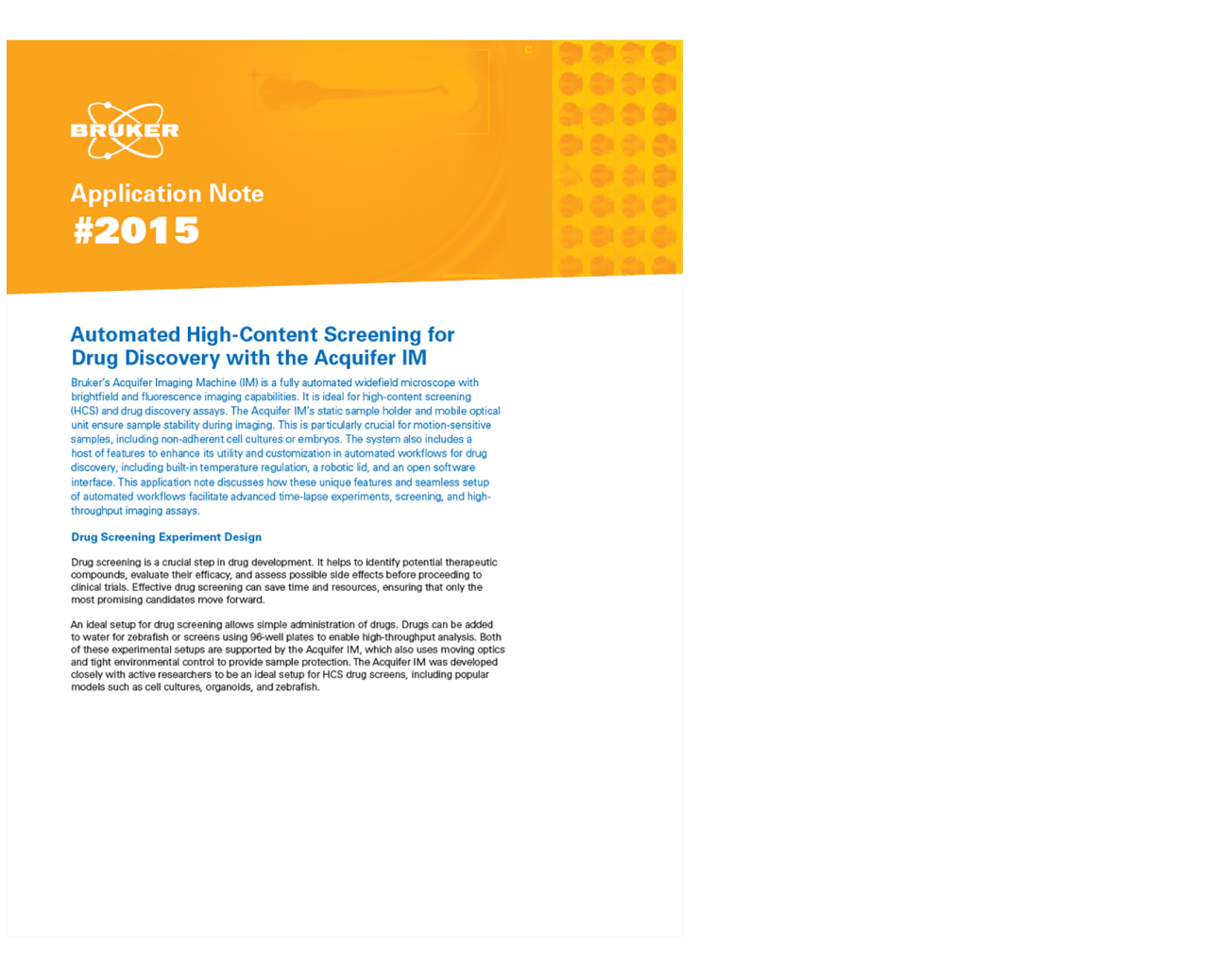 Front page of application note on Bruker's Acquifer Imaging Machine, a fully automated widefield microscope for high-content screening and drug discovery.
