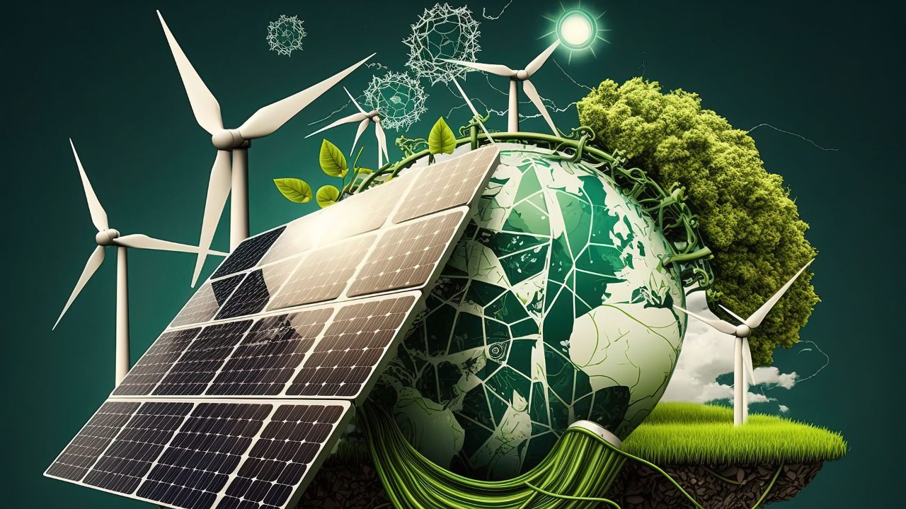 Green earth with plants and renewable energy like wind turbines and solar panels.