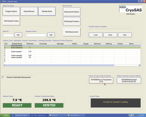 Główny ekran oprogramowania CryoSAS wyświetlający aktualnie załadowane próbki i wybrane metody analizy.