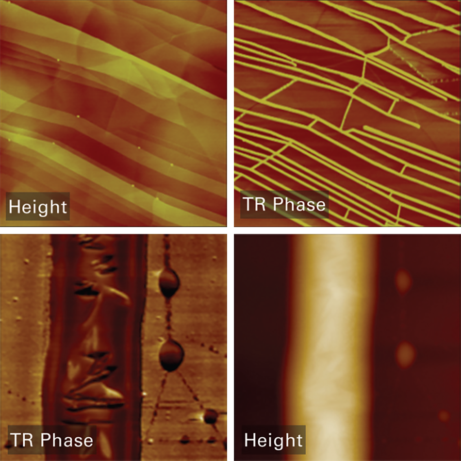 HOPG with water at step edges and PDES on Si substrate showing TR phase anisotropy; scan sizes 3 μm and 12 μm.