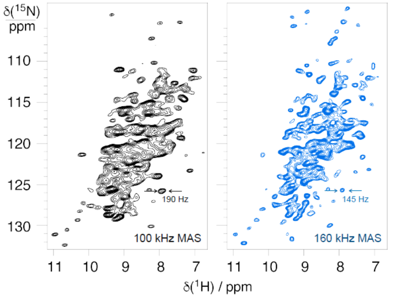 Figure 5: 100 and 160 kHz MAS spectra of a microcrystalline 13C,15N-SARS-Cov-2 MPro (303 aa, 2×34 kDa) sample (Tanguy Le Marchand, Zhiyu Jeff Sun, Guido Pintacuda).