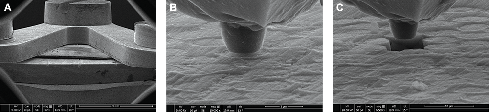 Image (a) shows a low-magnification SEM image of a sample that is clamped to a substrate. Images (b) and (c) show a pre- and post-test comparison of a fiber push-out test. The test involves measuring the force required to push a fiber out of a matrix material, and image (c) shows the fiber fully pushed out after the test.