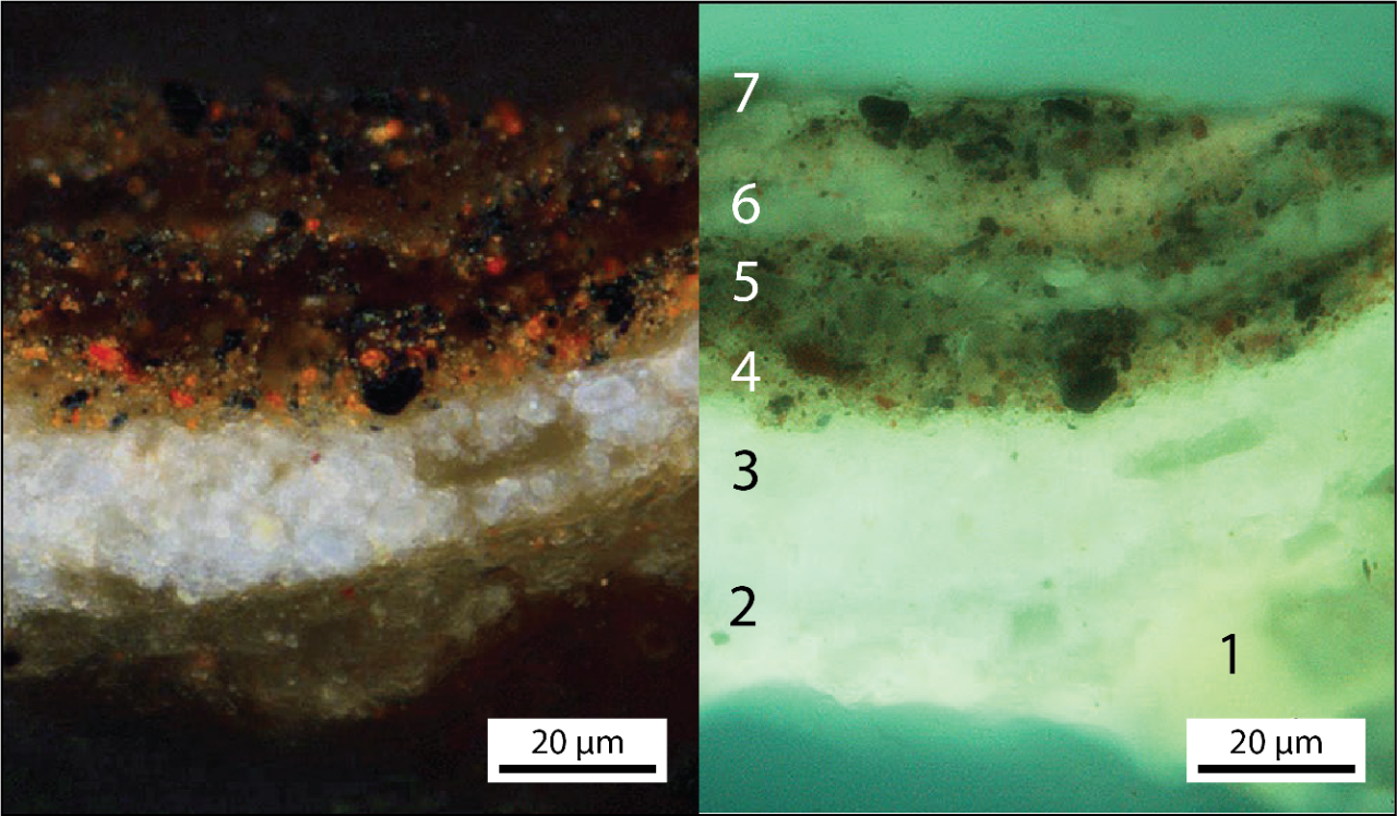 Visible light and UV fluorescence light images of a paint cross-section taken from the flesh shadows of Christ's right hand. Numbers indicate layers of different compositions.