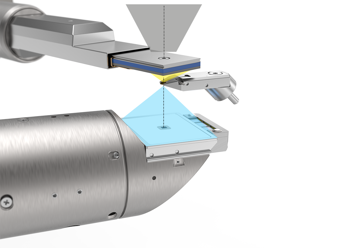 Detector-sample geometry for simultaneous on-axis TKD and EDS mapping using XFlash FlatQUAD EDS detector (top), OPTIMUS 2 detector head (bottom) and TKD sample holder (middle)
