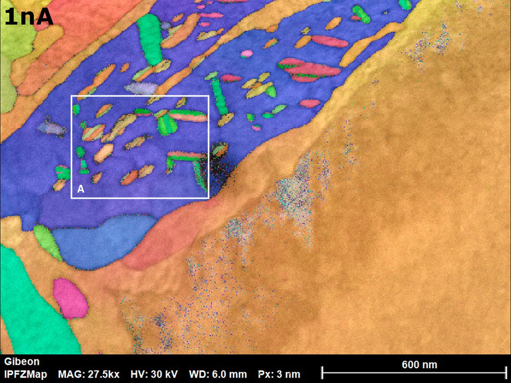 Raw orientation map without data cleaning shows annealing twin domains in fcc crystals (A). The map was acquired at a speed of 140 fps from a Gibeon iron meteorite using 1 nA probe current and 30 kV EHT.