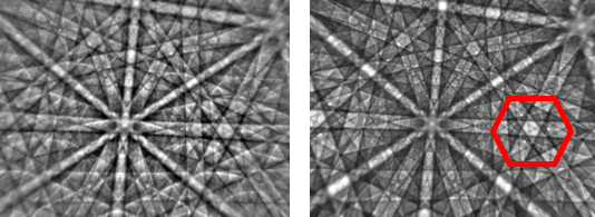 Ni EBSP collected at 15 kV (left) and corresponding dynamical simulation (right)