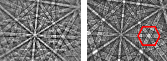 Ni EBSP collected at 20 kV (left) and corresponding dynamical simulation (right)