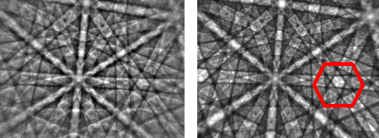 Ni EBSP collected at 10 kV (left) and corresponding dynamical simulation (right)