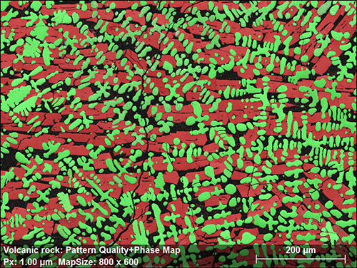 Volcanic rock, indexed using AdvancedPhase ID. A much better fitting phase file for fayalite was found