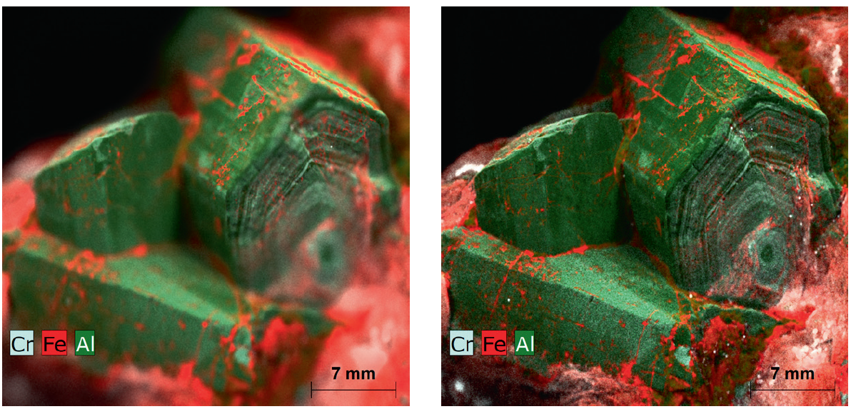 micro-xrf elemental maps of an emerald taken with and without an aperture management system. The image on the left shows blutting and shadowing in positions further  from the ideal measurement distance whereas the map taken using the AMS has much sharper features.