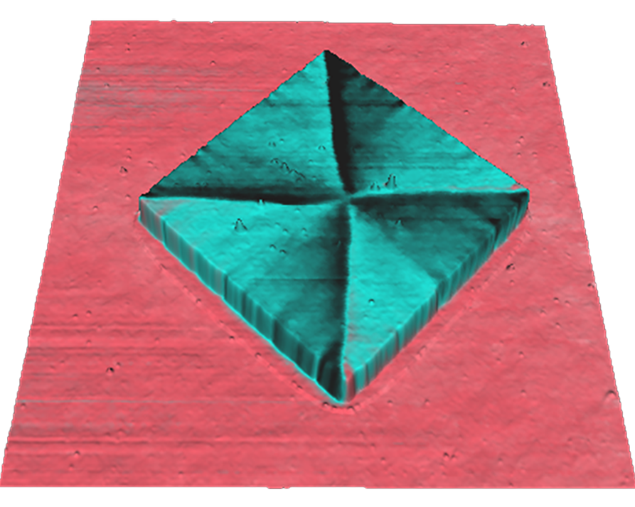 AFM image overlay of magnetic force information and 3d height image on NiFe square structure. Magnetic domains and Landau pattern are clearly visible