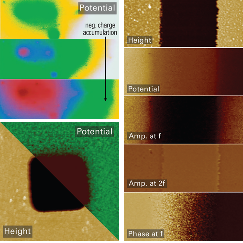 PDMS, Al, and Au thin films on Si with measurable property channels; Si₃N₄ on Au in liquid, scan sizes 30μm, 10μm, 6μm.