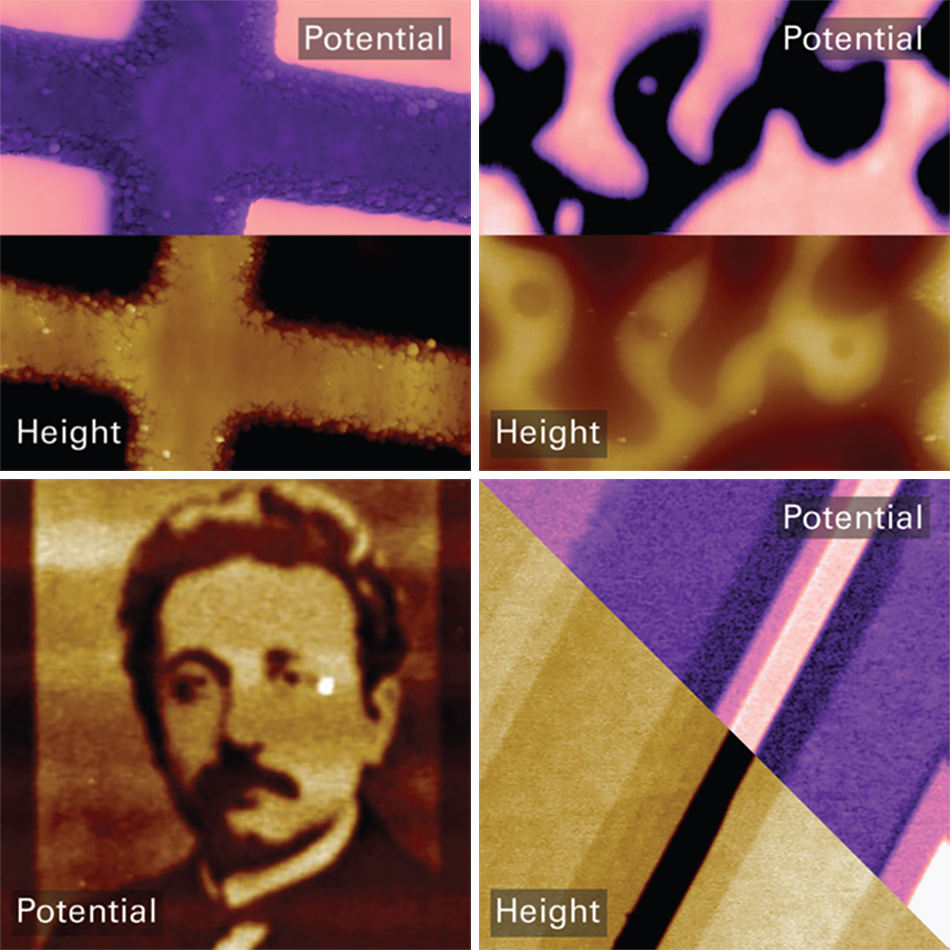 Al lines on Cu, PS‑PMMA polymer, hBN, and SiO₂ with nanolithography-injected charges; scan sizes 25μm, 8μm, 6μm, 16μm.