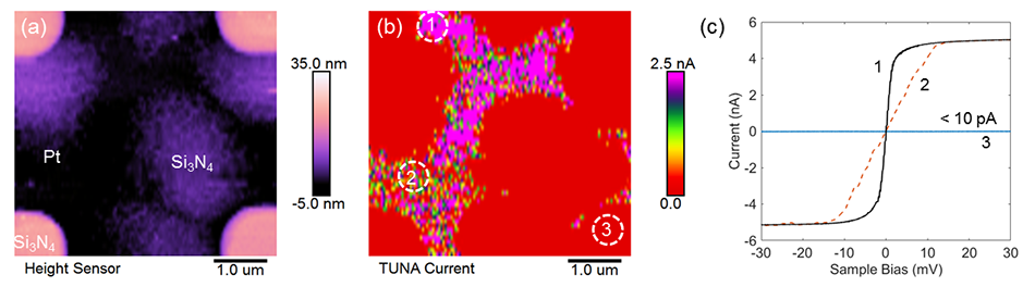 PeakForce TUNA of Pt with partial Si₃N₄: topography, TUNA current at 10 mV bias, and I-V spectroscopy at selected points.