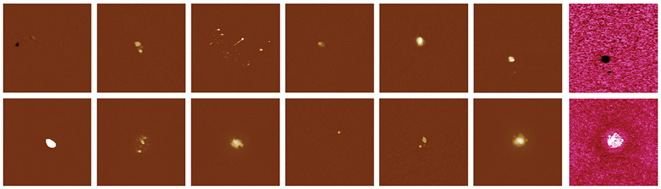 High-resolution height scans of various nanometer-scale defects (2x2 um scans), and simultaneously acquired adhesion measurements (final two images, in pink) further aiding defect classification.