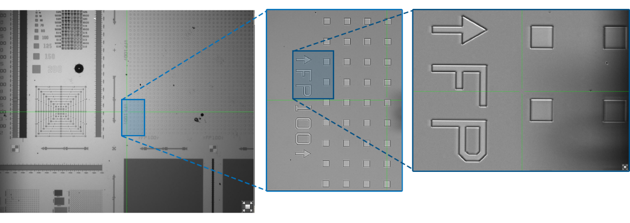 Field of view and resolution for InSight 300’s integrated optics, illustrated on a MetroBoost FP100 reference structure. 