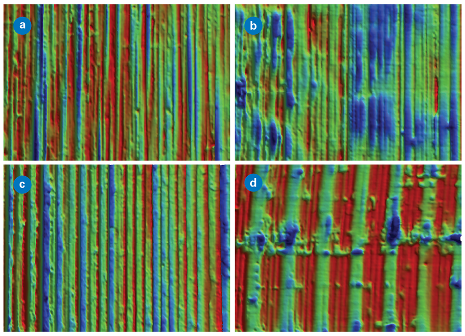 An image displaying four very different surfaces, all with Ra = 0.4 µm (16 µin) finish achieved through different processes, including (a) grinding, (b) horizontal milling, (c) reaming, and (d) vertical milling.