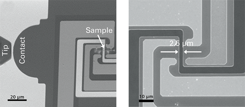 Two SEM images of the E-PTP device. The left image shows the probe contact points, while the right image shows the position of the mounted sample.