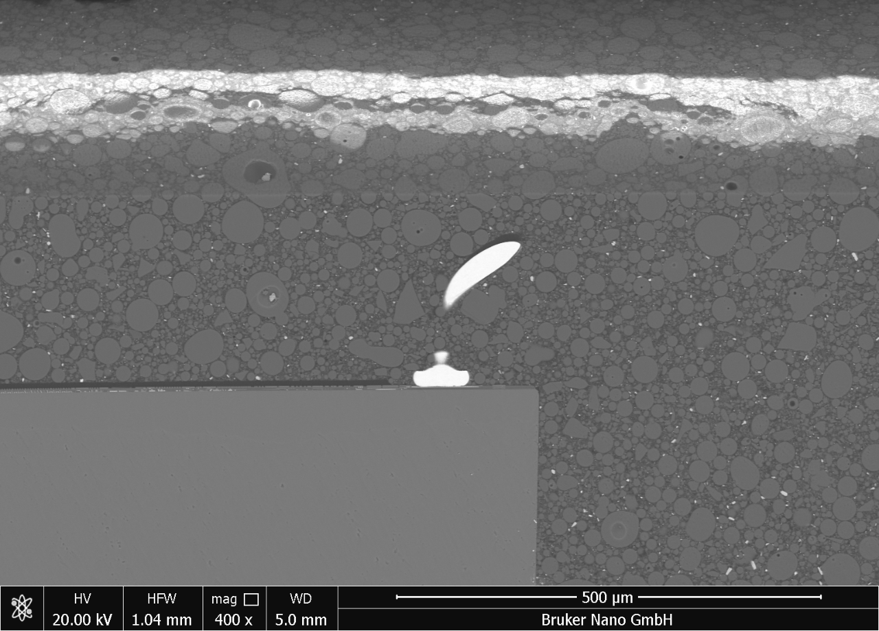Specimen was prepared for EBSD analysis using broad ion beam milling. BSE image of the cross-section preparation using Leica TXP and TIC3X instruments.