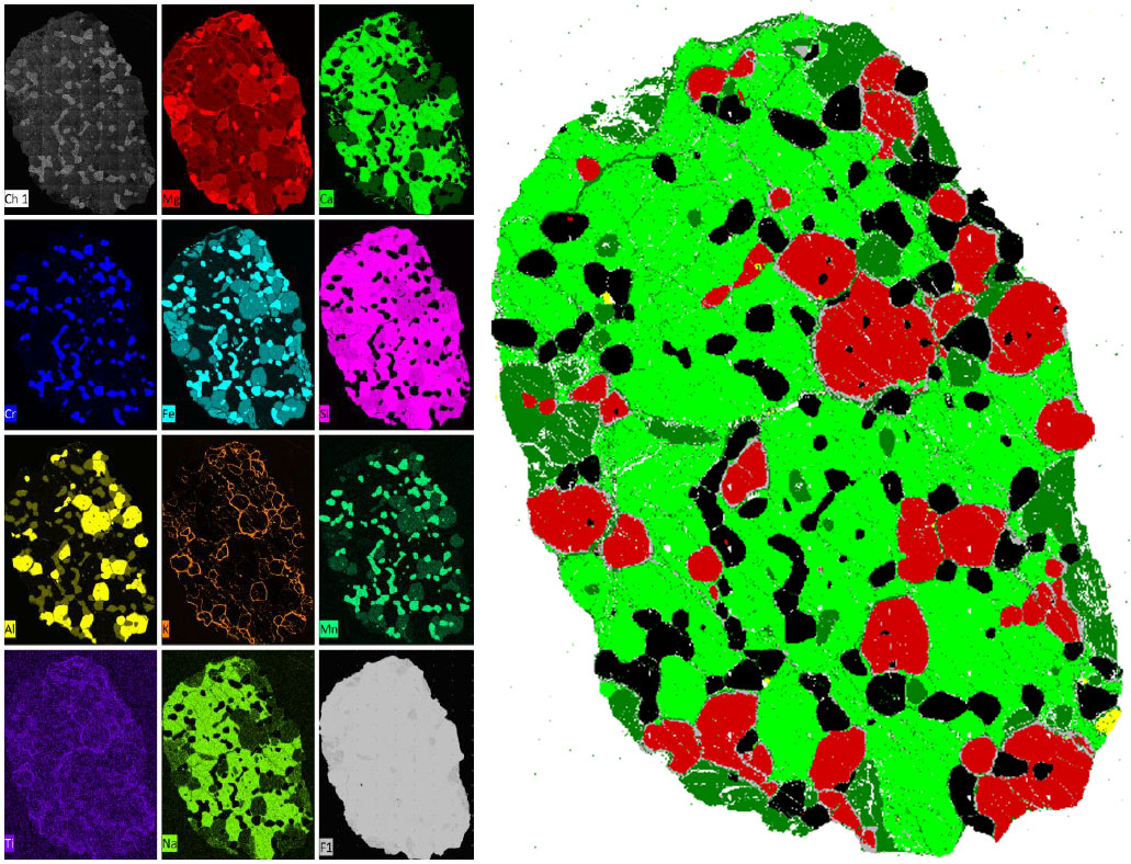 Left: SEM-EDS mosaic elemental intensity maps. Right: Mineralogical map (AMICS: red: garnet; black: chromite; light green: clinopyroxene; dark green: olivine.)  