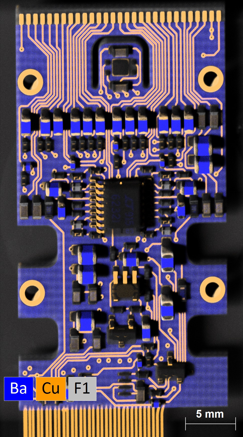 Elemental map showing how copper, tin, nickel, silicon, bismuth, zirconium and barium are ditsributed across the different components of a PCB