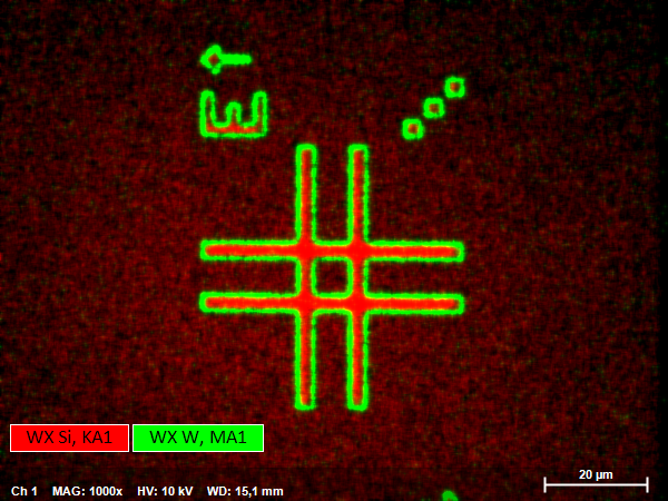 X-ray element distribution map for Si and W acquired on an electronic microchip of an SDD 