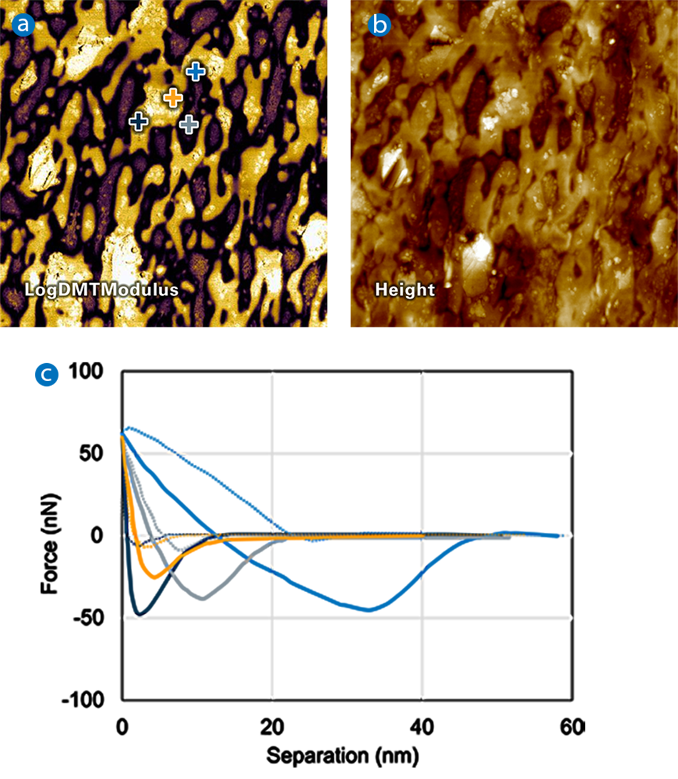 A PeakForce QNM image of a 15 µm scan size heterogeneous polymer blend. The image is divided into three parts: (a) LogDMTModulus, (b) height, and (c) individual force vs tip-sample distance curves. The image shows four different materials: nanoparticles (dark blue), rubber (light blue), polyethylene (gray), and polypropylene (orange). The contrast in (a) and (c) allow for easy differentiation between the materials. The dotted lines indicate approach, while the solid lines indicate retract.