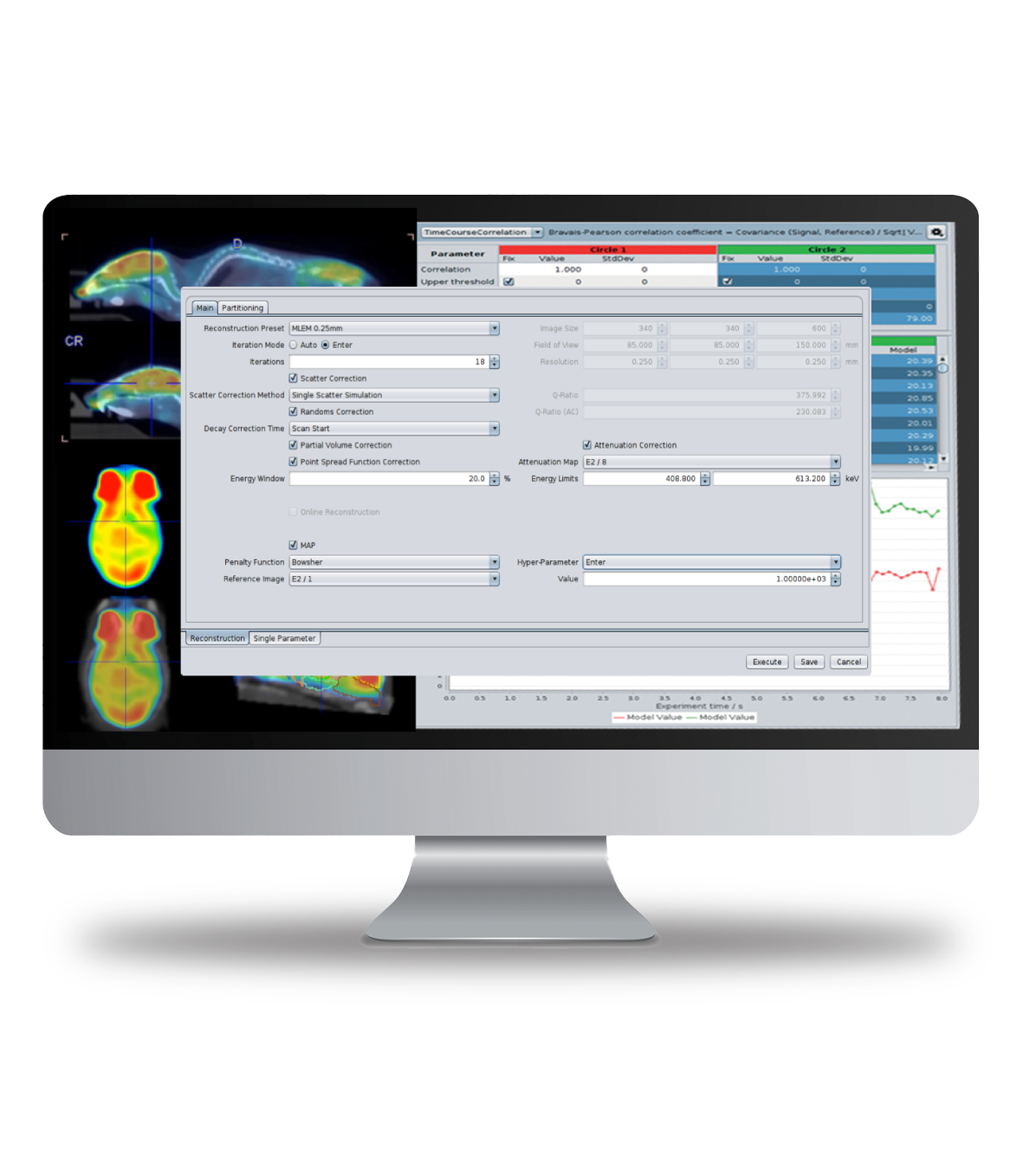 Bruker Clarity PET software interface on a monitor screen