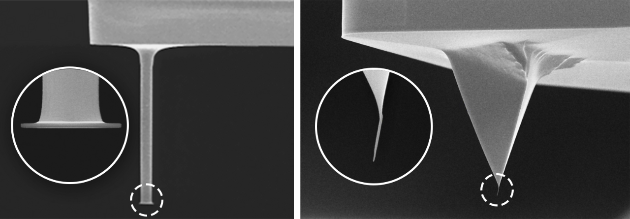 (left) CDR1000-10UM probe for sidewall imaging. (right) BNT-500-12 probe with a >500 nm long EBD spike, suitable for a multitude of applications