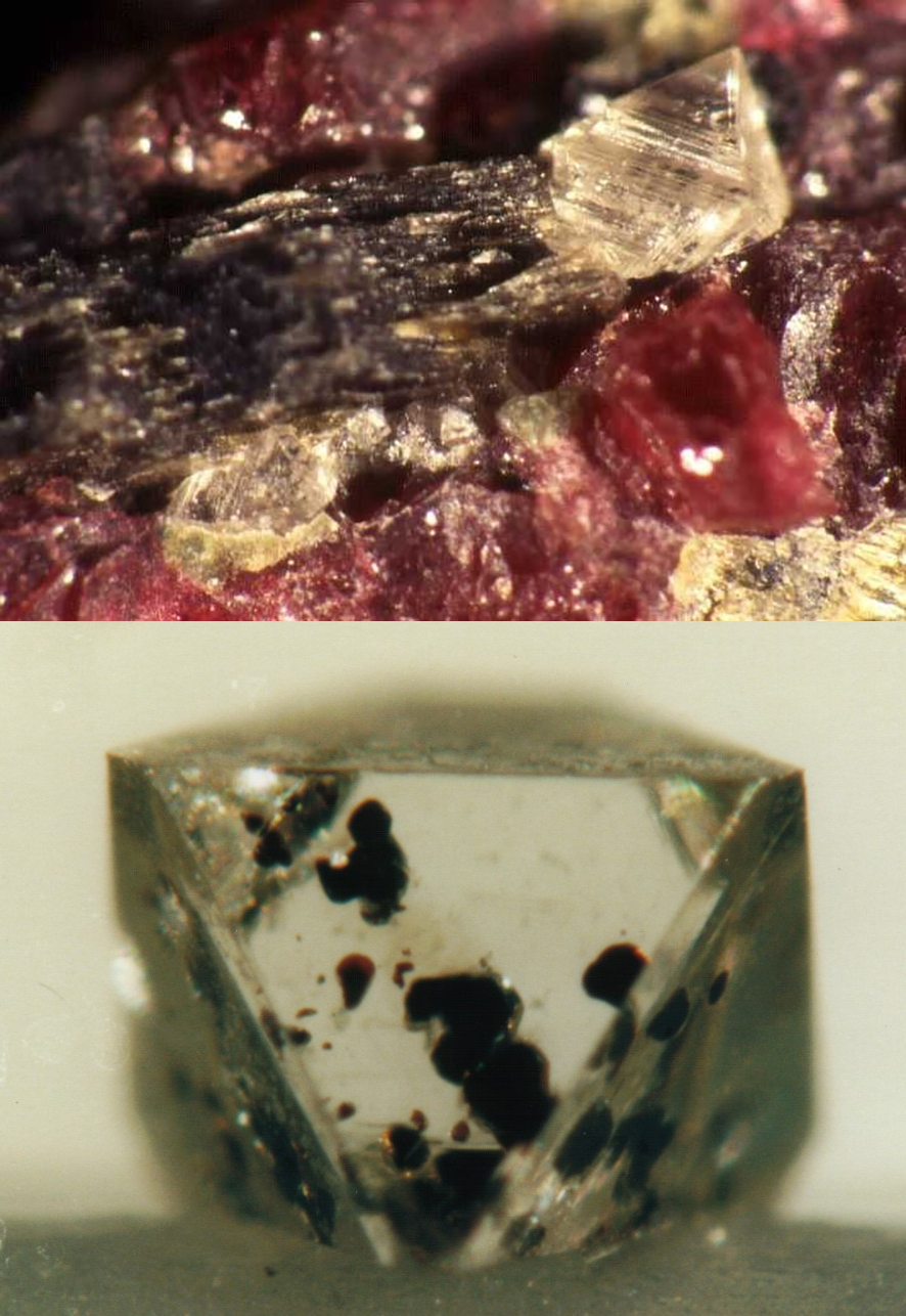 Natural diamonds with their associated indicator minerals as part of a peridotite (top) and as inclusions 