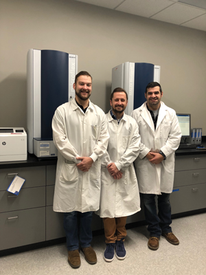 Wesley Thompson, Daniel Barket and Benjamin Bastin, microbiologists at Q Laboratories with their MALDI Biotyper systems