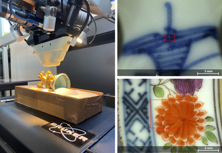 The Bruker M6 JETSTREAM measuring different porcelain pieces richly decorated with gilding and coloured glazes.