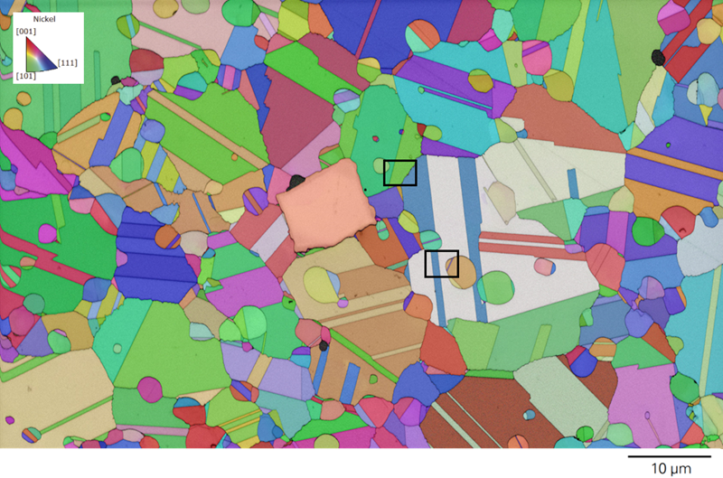 Ultra-high resolution EBSD map of nickel superalloy taken at low beam current. The map shows many different crystallographic regions with fine boundaries between them.