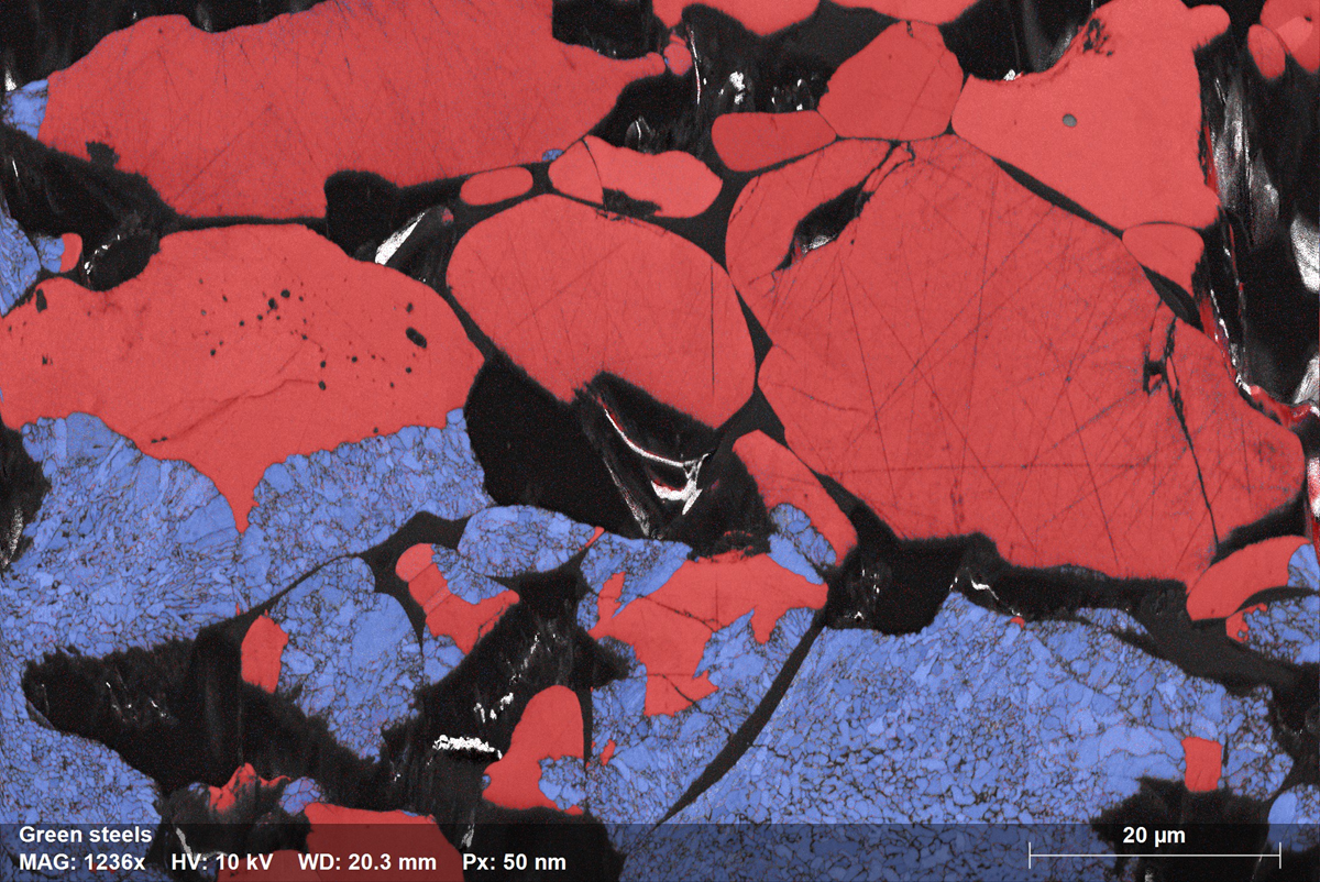 Phase map showing large crystals of hematite and magnetite. Large pores are between the crystals.