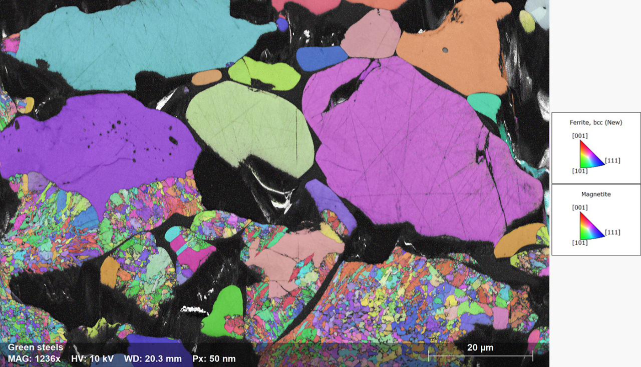 Crystal orientation map showing fine-grained structures of variable orientations in the bottom section of the map, indicating reduction in underway there