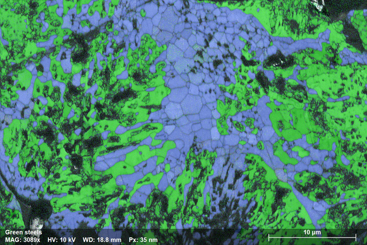 Phase map showing a fine-grained structure with two distinct phases, one blue (magnetite) and another green (ferrite)