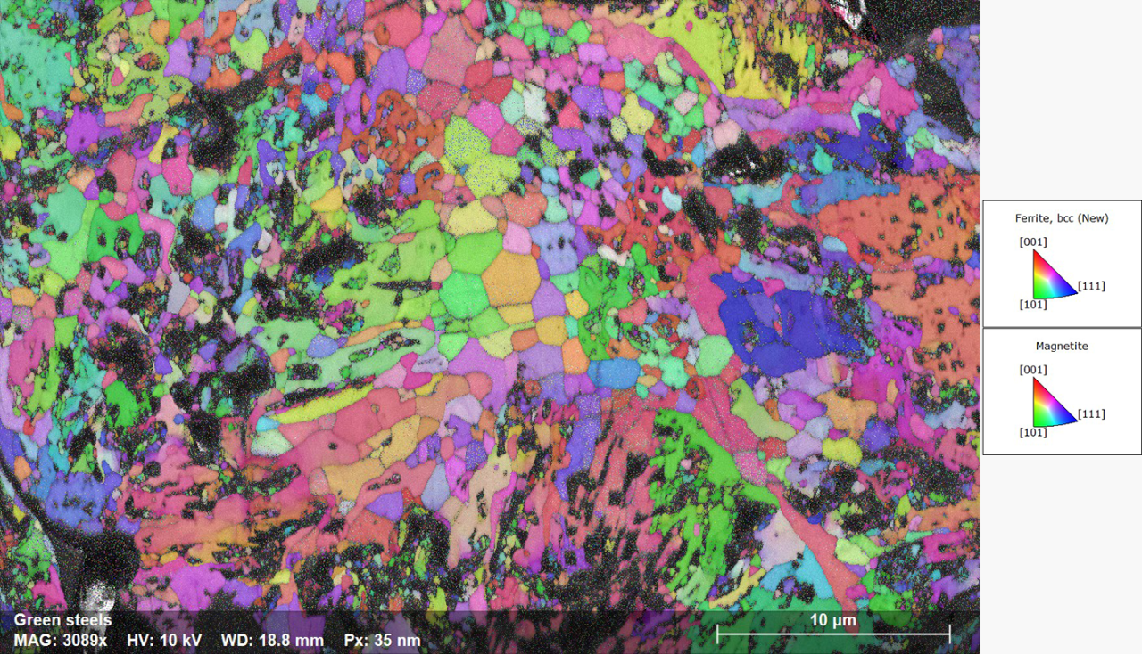 Crystal orientation map of green steel produced via hydrogen reduction. Many different crystals are present and the structure is porous. 