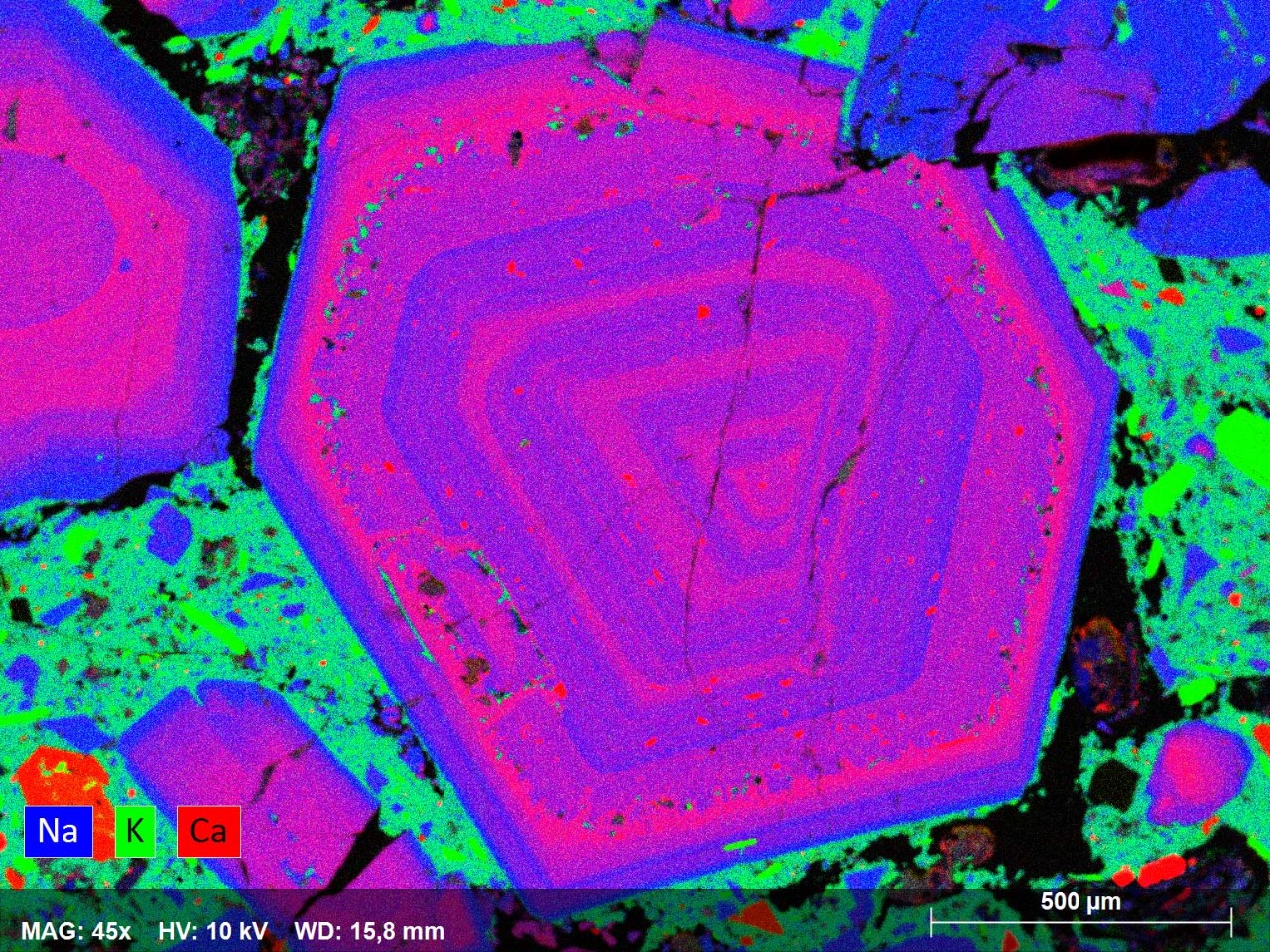 Element distribution map for Na, K and Ca in a volcanic rock with large plagioclases