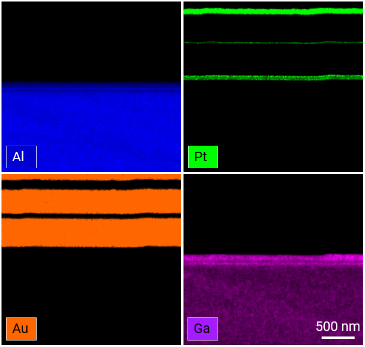 Elemental map (EDS) showing the location of platinum, gold and aluminum in a LED semiconductor device