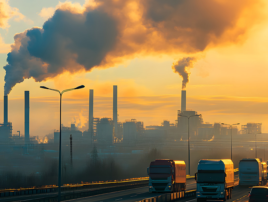 Image of factories creating fumes next to a busy highway at sunset. The exhaust fumes are visible.