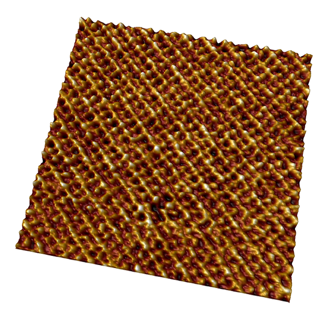 使用PeakForce QNM （PFQNM） 模式在液体中获得的方解石晶格真原子像，晶格缺陷清晰可见。数据由贝德·皮滕格博士提高。