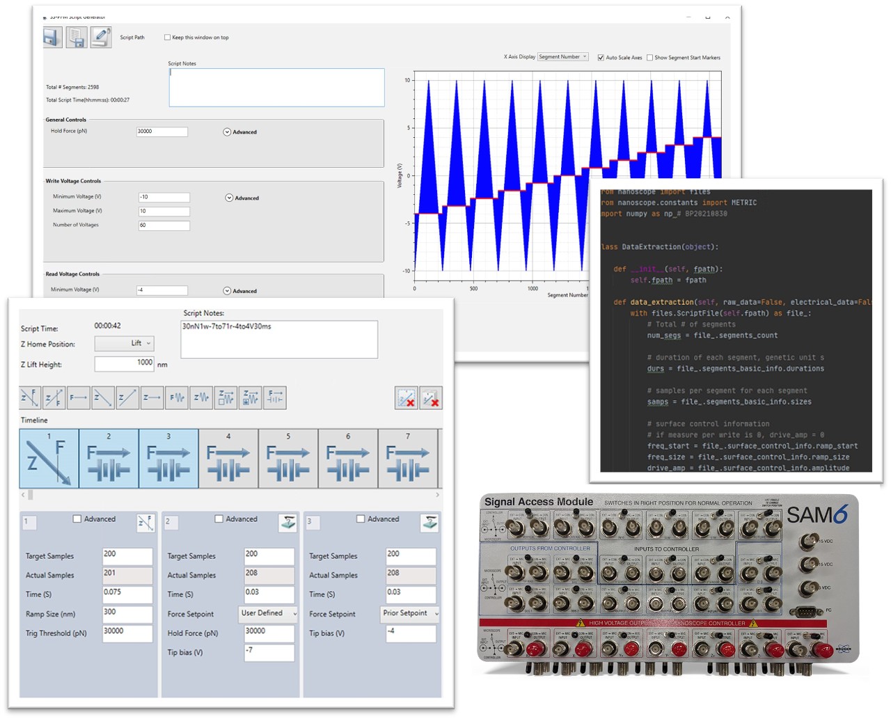 Clockwise from top left: Easy-to-use script generator; Python-based analysis code; Signal access module 6; Script editor.