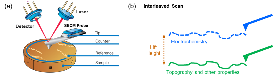 PeakForce SECM schematic showing mechanical and electronic components with interleaved scanning mode illustration.