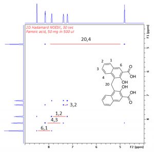 在30秒内记录了DMSO-d6中帕莫酸的二维Hadamard NOESY波谱